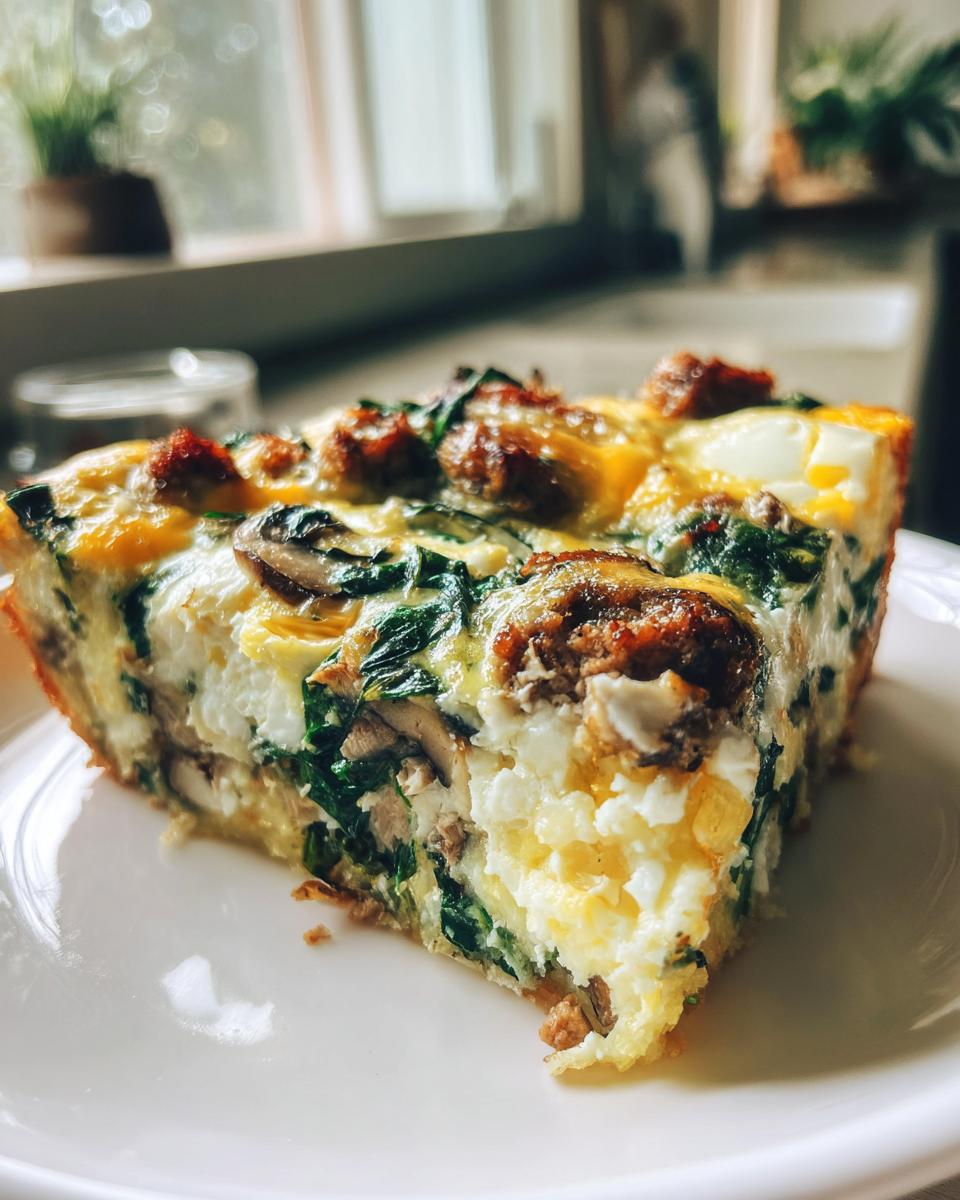 A close-up slice of a hearty egg bake featuring sausage, spinach, mushrooms, and cheese on a white plate.