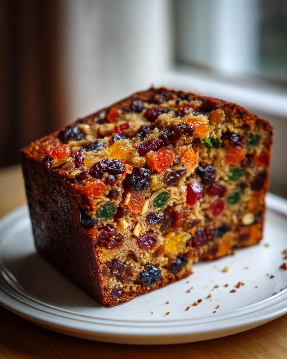 A thick slice of homemade fruit cake recipe packed with colorful dried and candied fruits, served on a white plate.