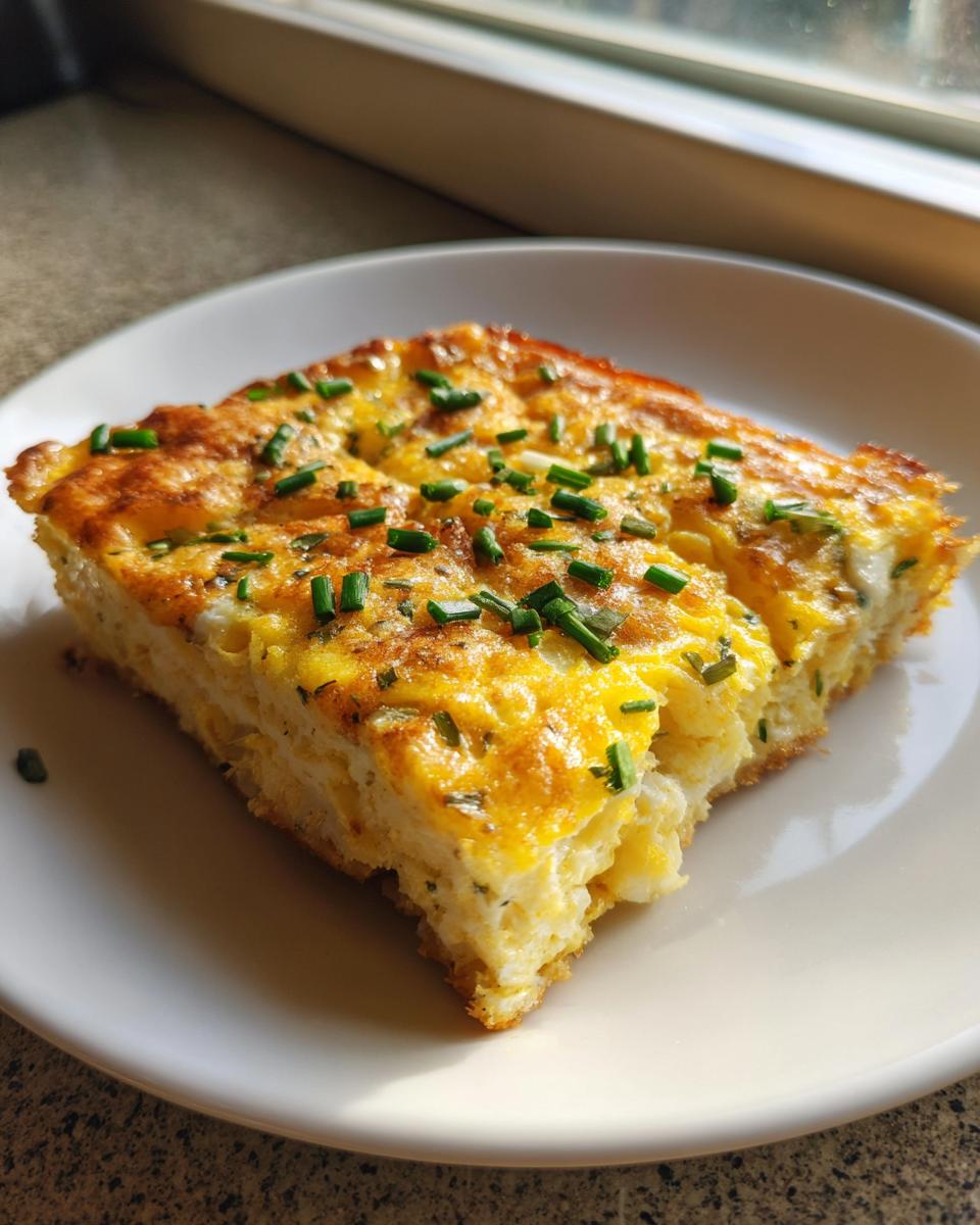 A square slice of baked sheet pan eggs, golden brown and topped with fresh chives, served on a white plate.
