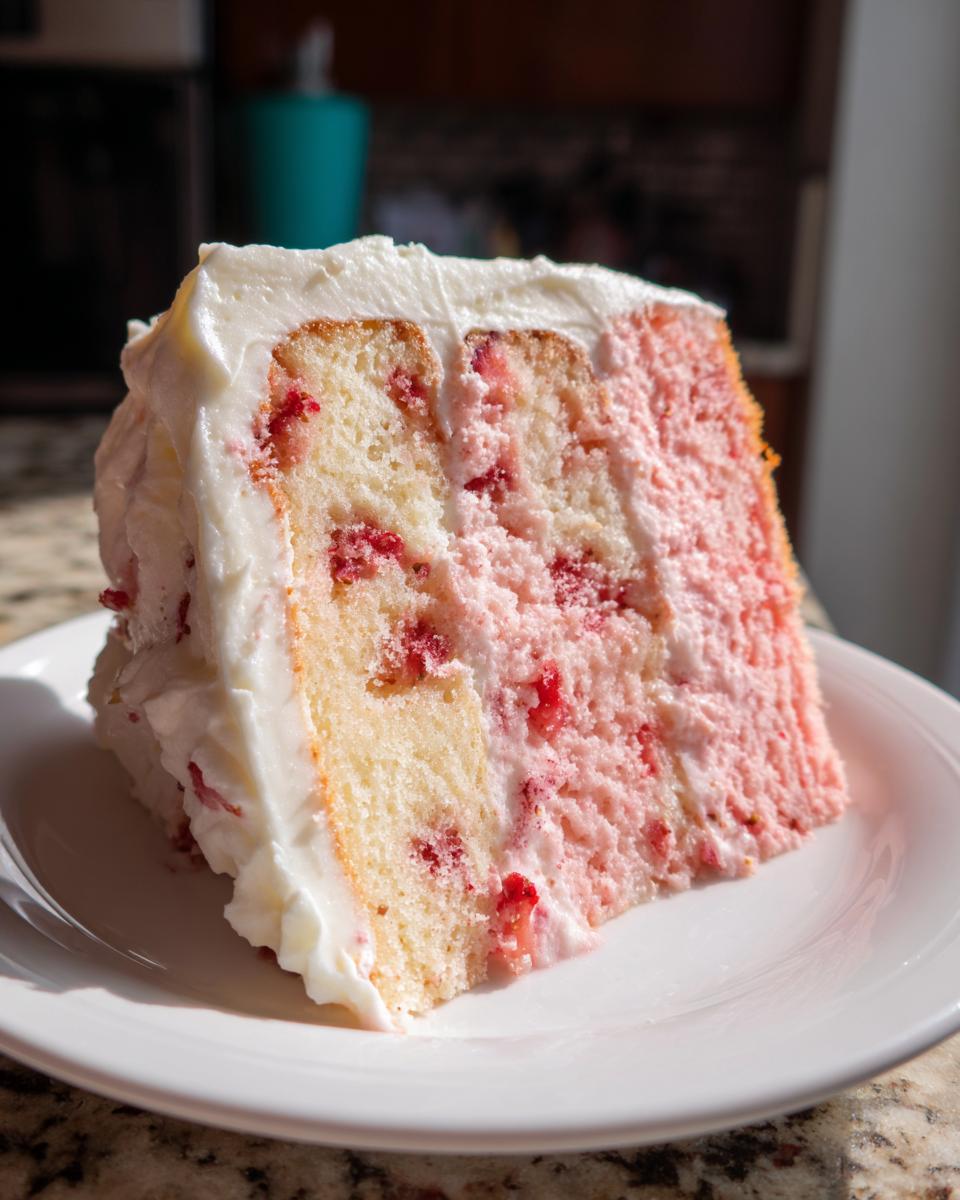A close-up slice of moist strawberry cake showing pink and white layers studded with real strawberry pieces, covered in white frosting.