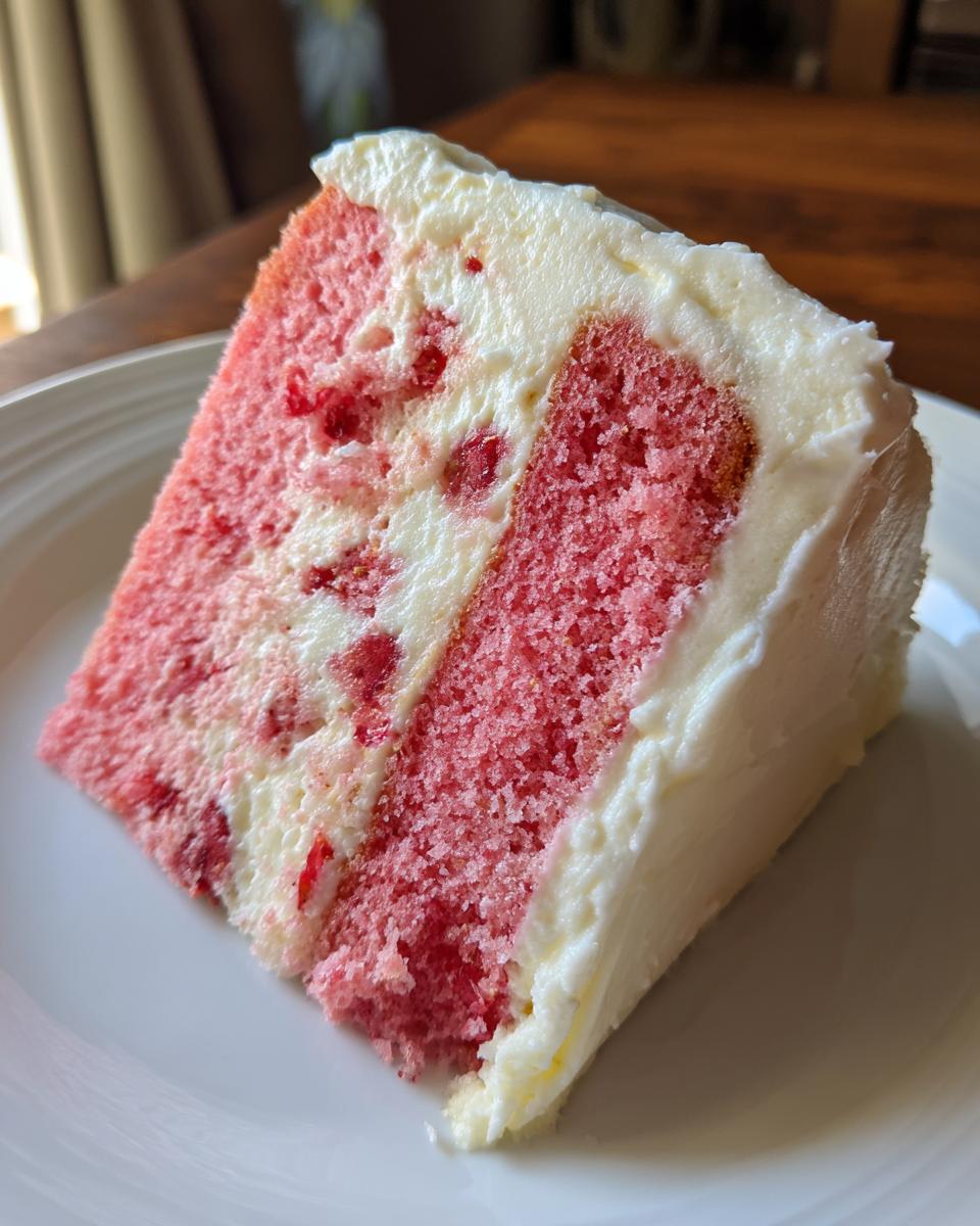 Close-up of a moist slice of pink strawberry cake layered with white frosting, showing bits of strawberry fruit.