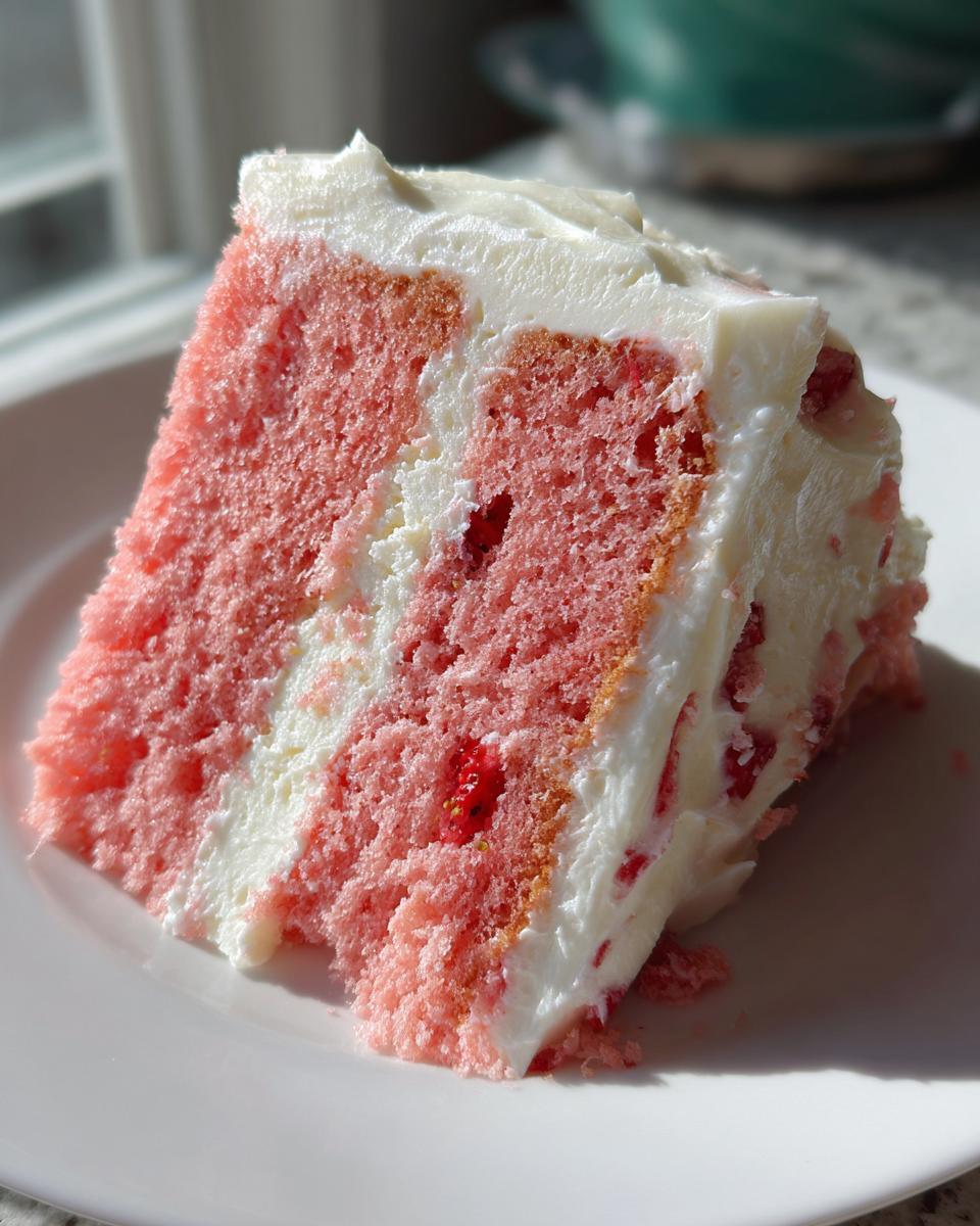 Close-up of a moist slice of pink strawberry cake layered with white frosting, sitting on a white plate.