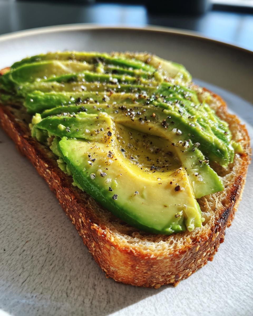 Close-up of perfectly sliced avocado toast, seasoned with coarse salt and black pepper, on a light plate.