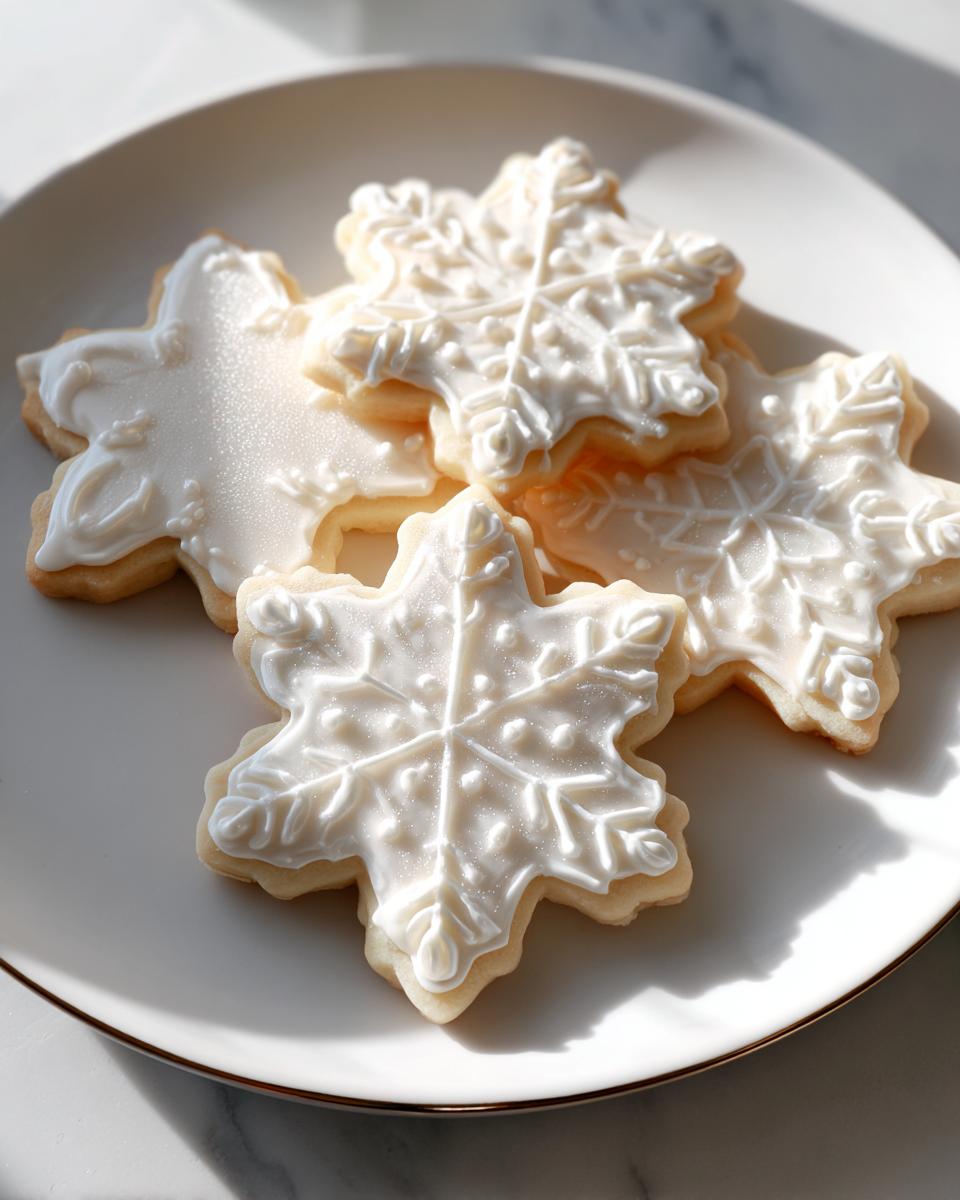 Close-up of snowflake sugar cookies decorated with shiny, hard white cookie icing on a white plate.