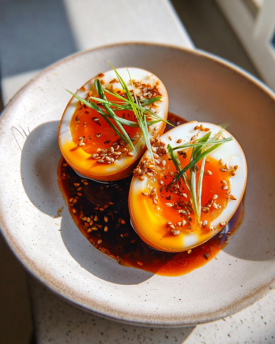 Two halves of soft-boiled marinated eggs with jammy yolks, sitting in dark marinade, topped with sesame seeds and scallions.