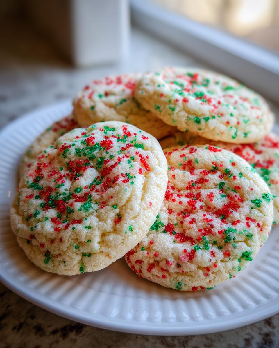 A stack of soft, round christmas sprinkle sugar cookies topped with red and green sanding sugar.