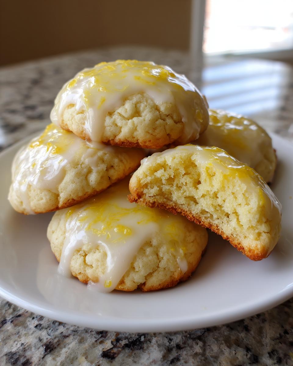 A stack of soft ricotta cookies topped with a lemon glaze and zest, one cookie broken open showing the texture.