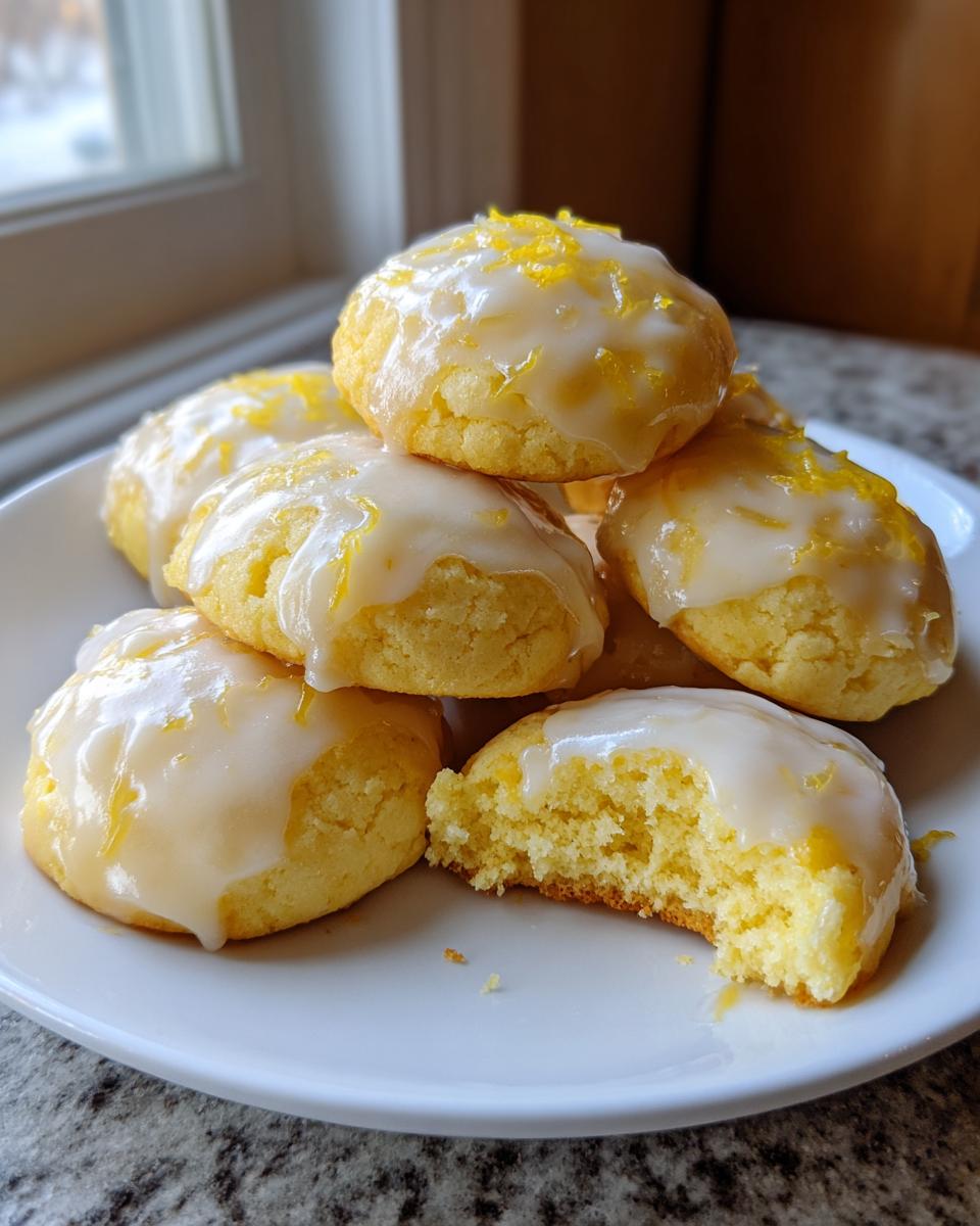 A stack of soft ricotta cookies topped with lemon glaze and zest, one cookie has a bite taken out showing the soft interior.