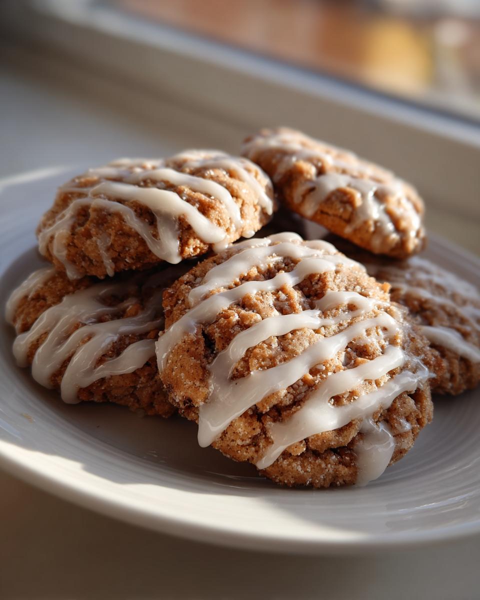 A stack of soft persimmon cookies drizzled generously with white vanilla icing, sitting on a white plate.