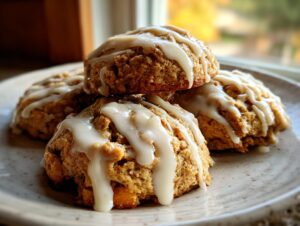 A stack of four soft persimmon cookies topped with a thick vanilla glaze, resting on a speckled plate.