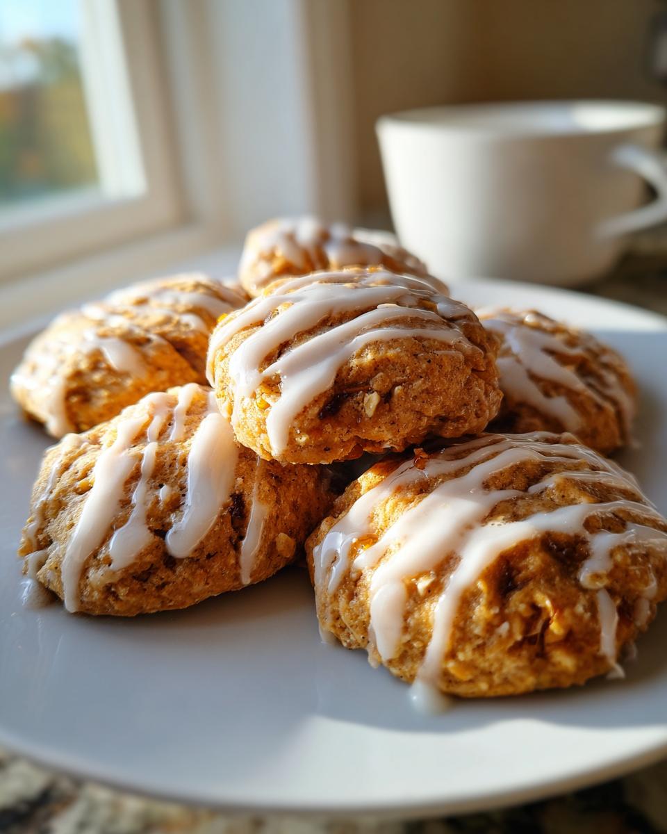 A close-up of several soft persimmon cookies drizzled with white vanilla glaze, stacked on a white plate.