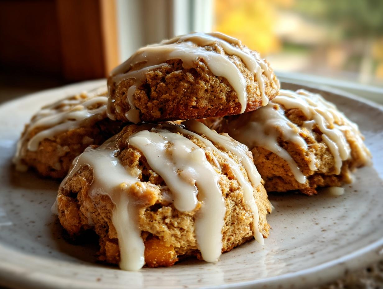 A stack of four soft persimmon cookies topped with a thick vanilla glaze, resting on a speckled plate.