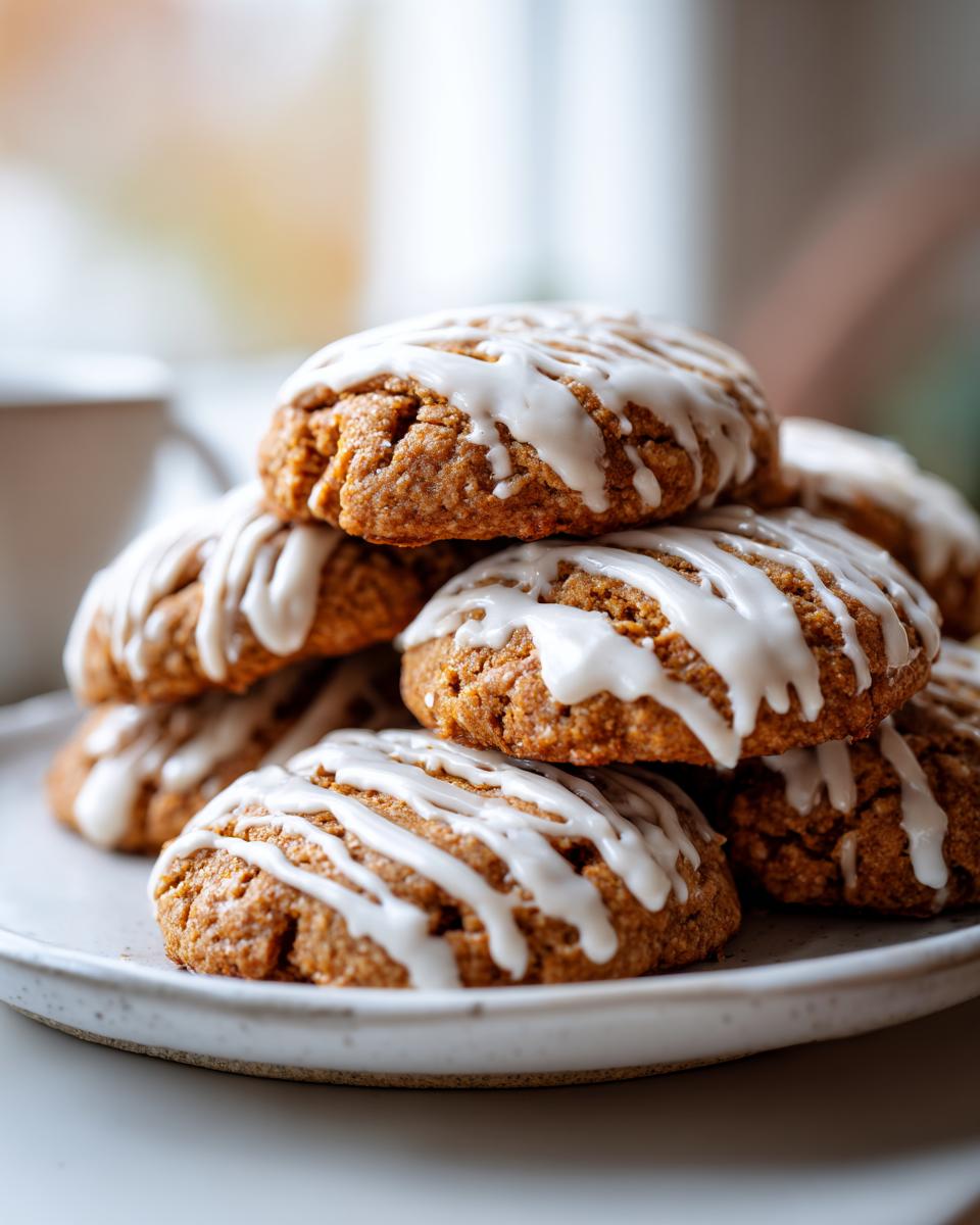 A close-up stack of soft, spiced persimmon cookies drizzled generously with white vanilla icing.
