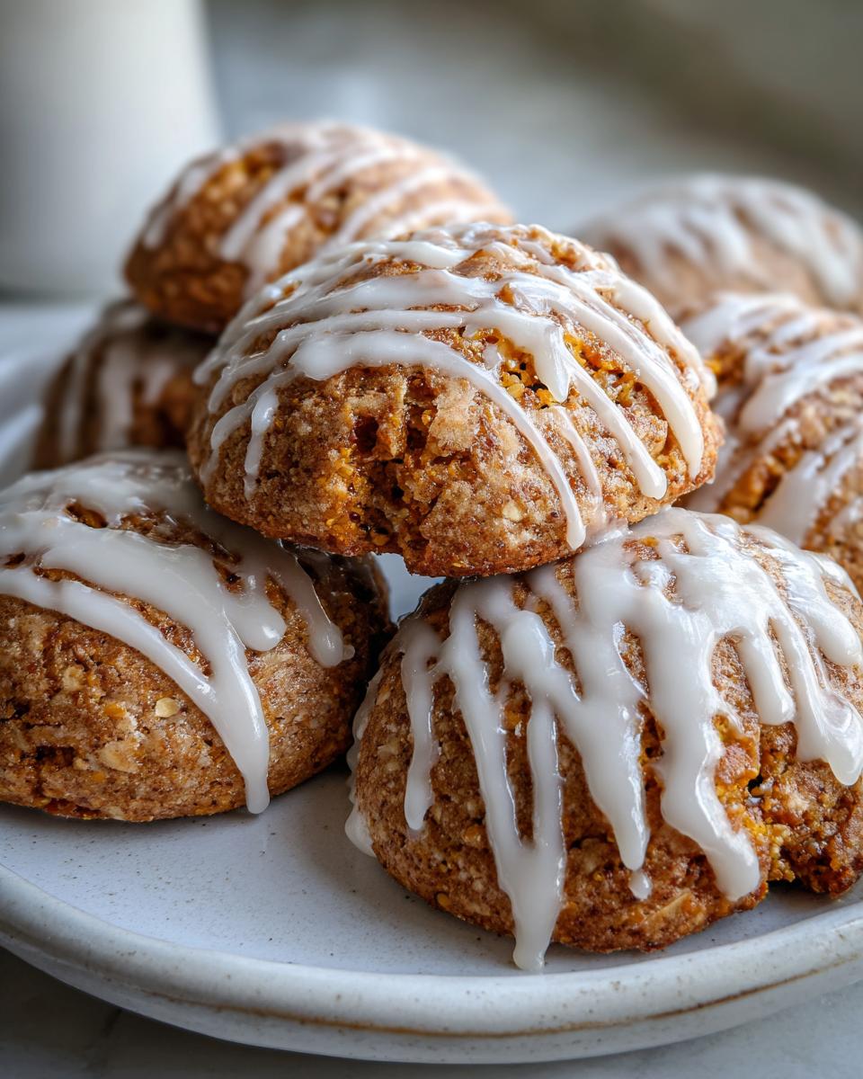 Close-up of a stack of soft persimmon cookies drizzled generously with white vanilla icing.