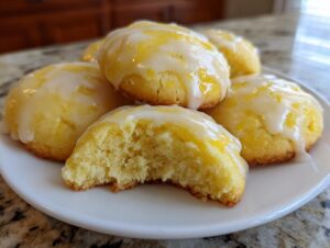 A stack of soft ricotta cookies topped with a bright lemon glaze, one cookie is bitten into showing the fluffy interior.