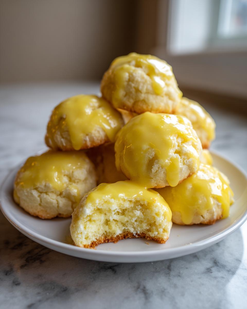 A stack of soft ricotta cookies topped with bright yellow lemon glaze, one cookie has a bite taken out.