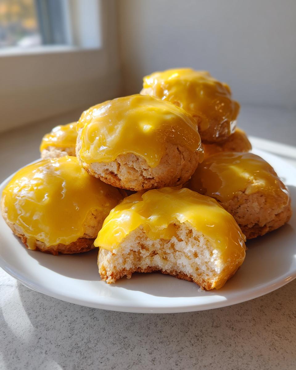 A stack of soft ricotta cookies topped with a vibrant yellow glaze, one cookie has a bite taken out showing the soft interior.