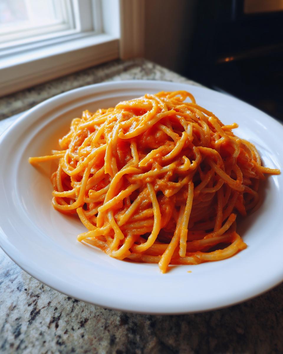 A white bowl filled with spaghetti generously coated in creamy, orange butternut squash pasta sauce.