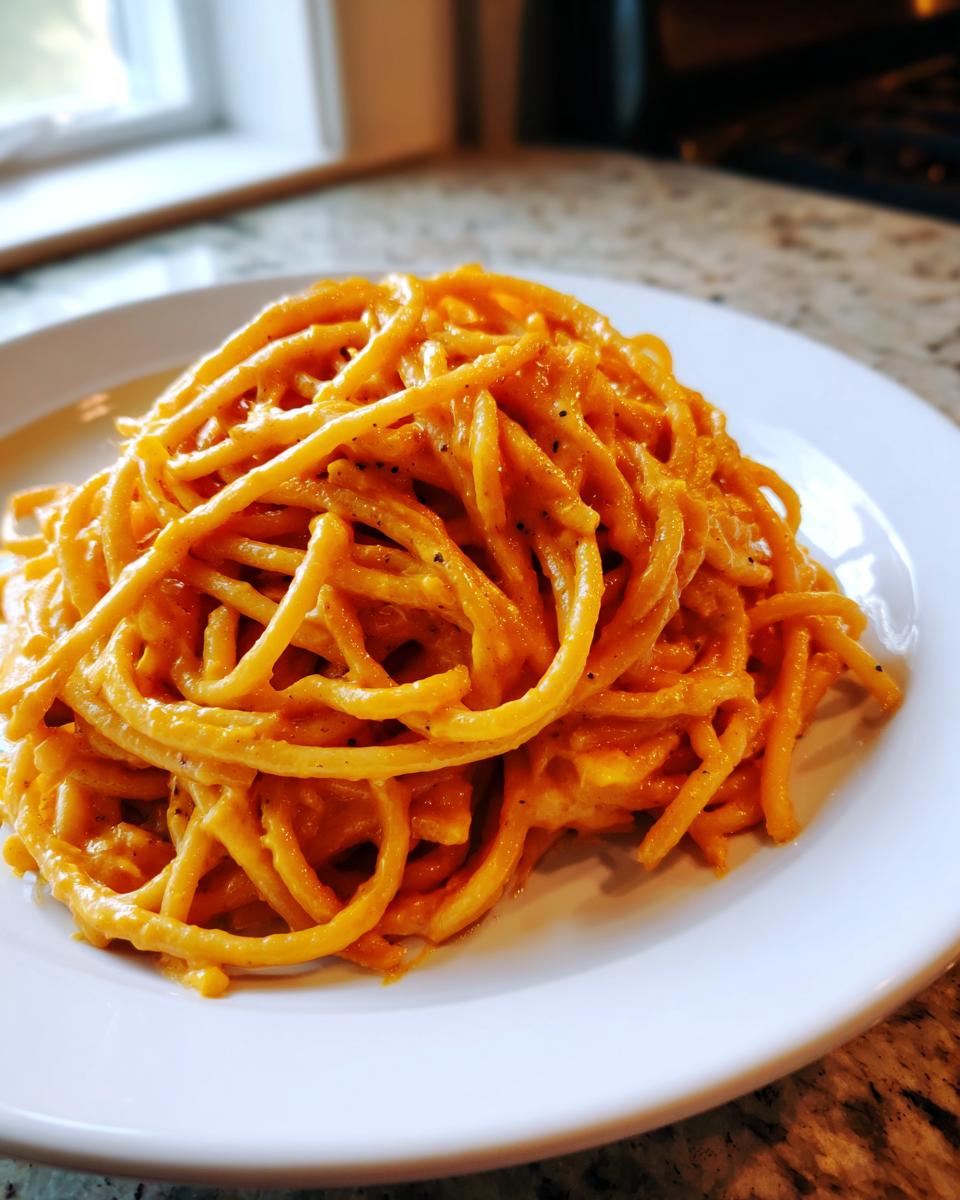 A close-up of spaghetti noodles generously coated in a creamy, orange butternut squash pasta sauce, served on a white plate.