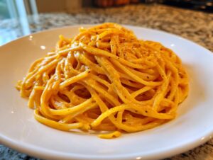 A close-up of spaghetti generously coated in a creamy, bright orange butternut squash pasta sauce, topped with black pepper.