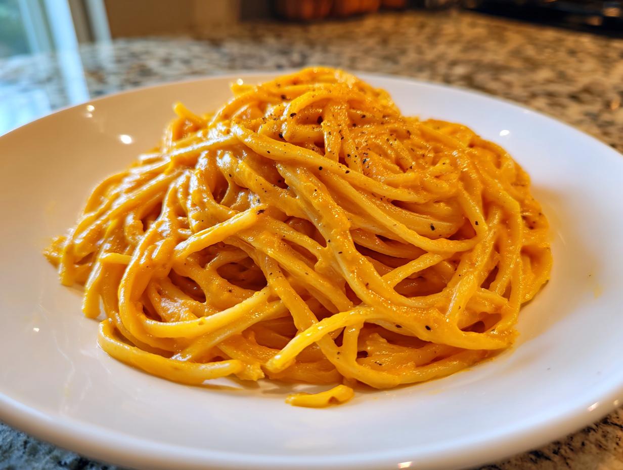 A close-up of spaghetti generously coated in a creamy, bright orange butternut squash pasta sauce, topped with black pepper.