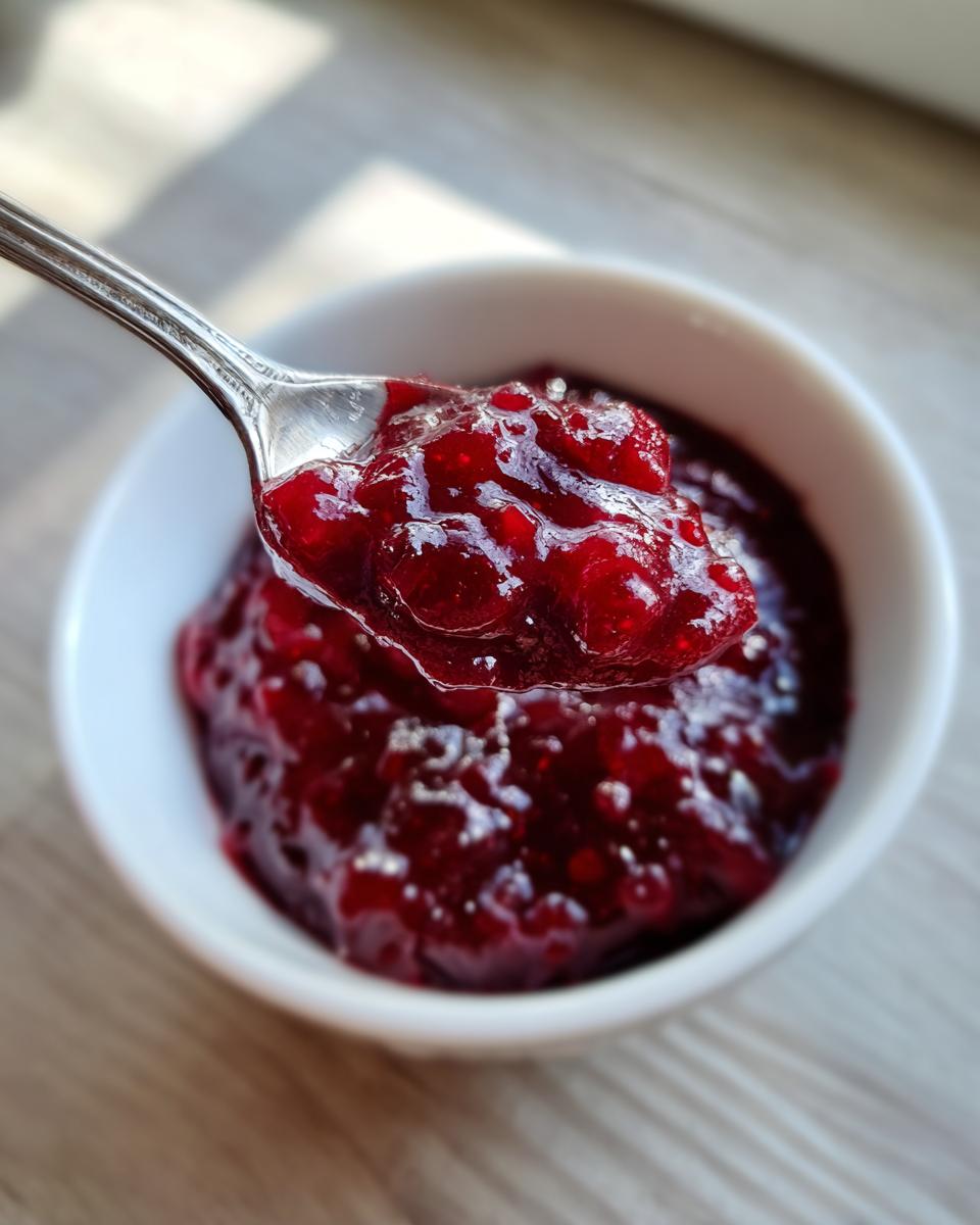 A spoonful of glistening, thick cherry pie filling being lifted from a small white bowl.