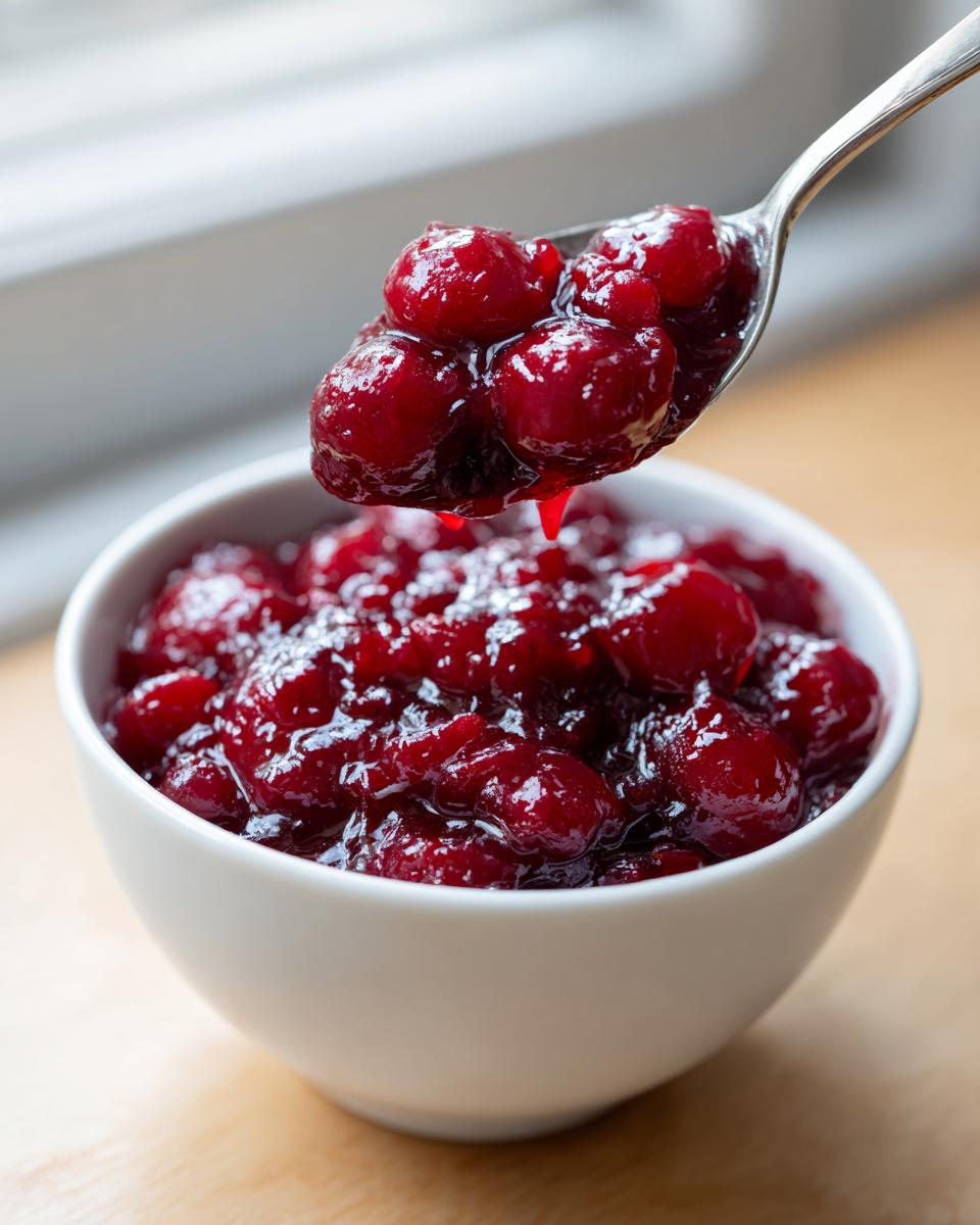 A spoonful of glossy, deep red homemade cherry pie filling being lifted from a white bowl.