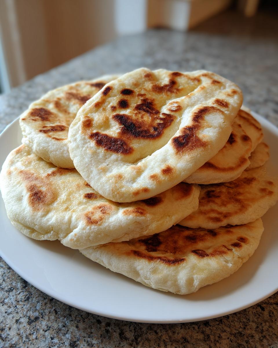 A stack of fluffy, homemade pita bread pockets with golden-brown charred spots, resting on a white plate.