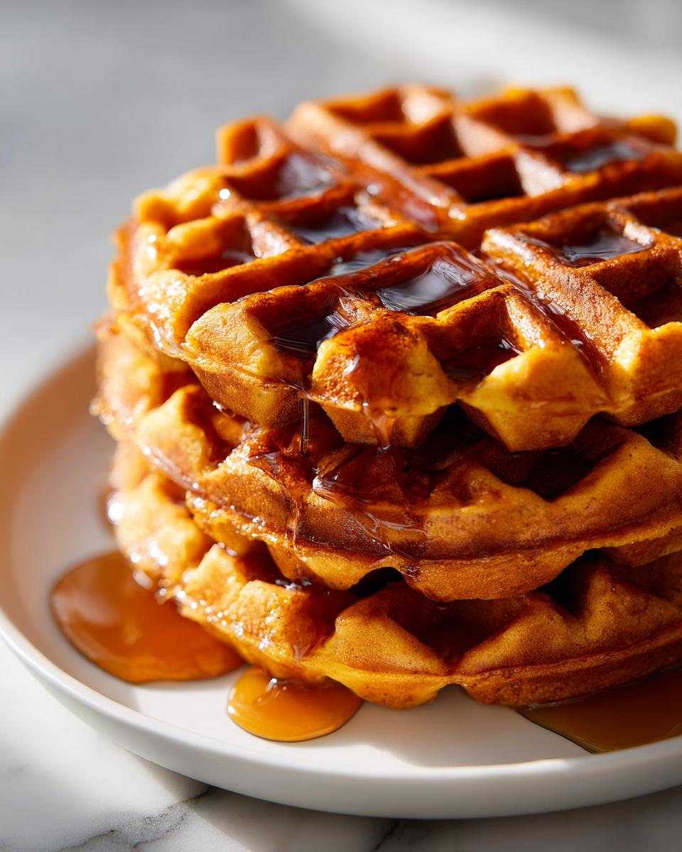 Close-up of a tall stack of golden brown pumpkin waffles covered in dripping maple syrup.