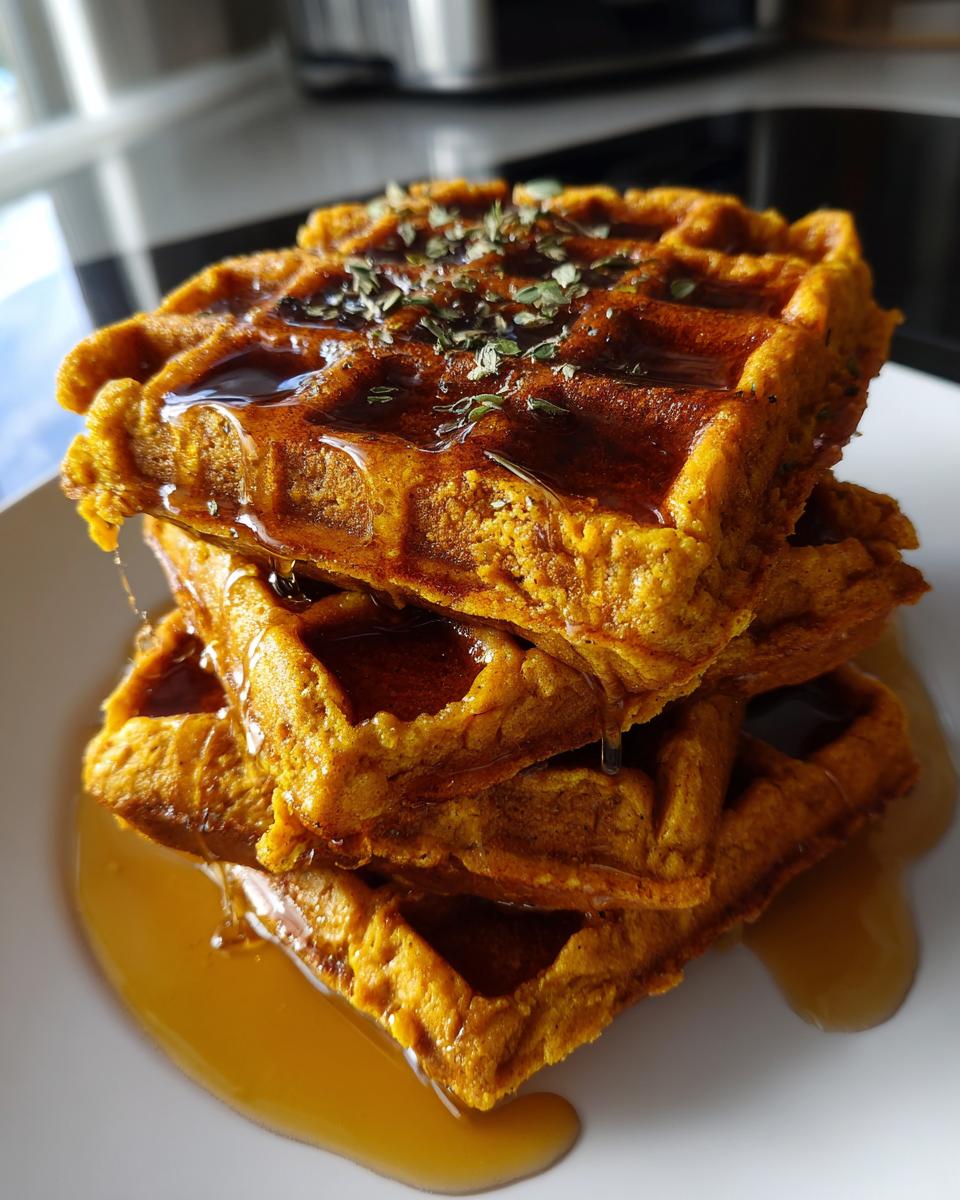 A tall stack of three golden orange pumpkin waffles drizzled generously with syrup and topped with herbs.