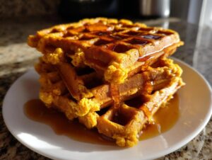 A stack of three golden orange pumpkin waffles generously drizzled with maple syrup on a white plate.