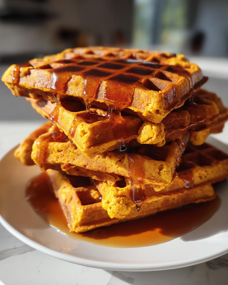 A tall stack of golden-orange pumpkin waffles generously drizzled with maple syrup, sitting on a white plate.