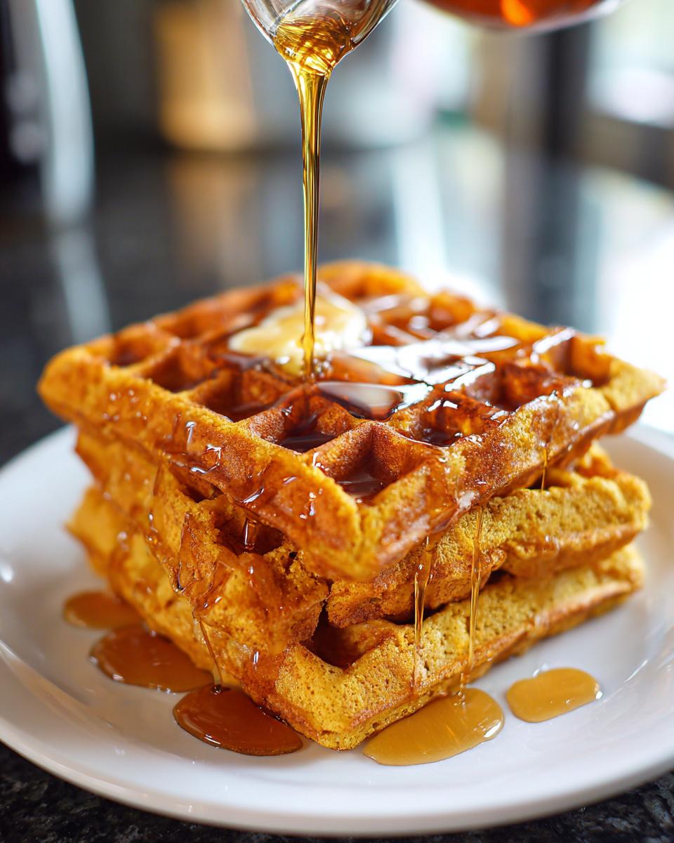 A tall stack of golden brown pumpkin waffles being drizzled generously with amber syrup.