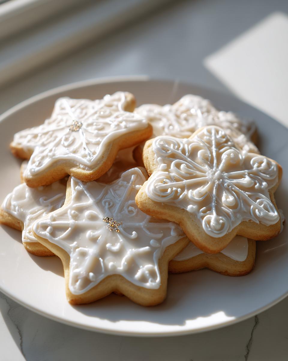 Close-up of star-shaped sugar cookies decorated with intricate white cookie icing designs.