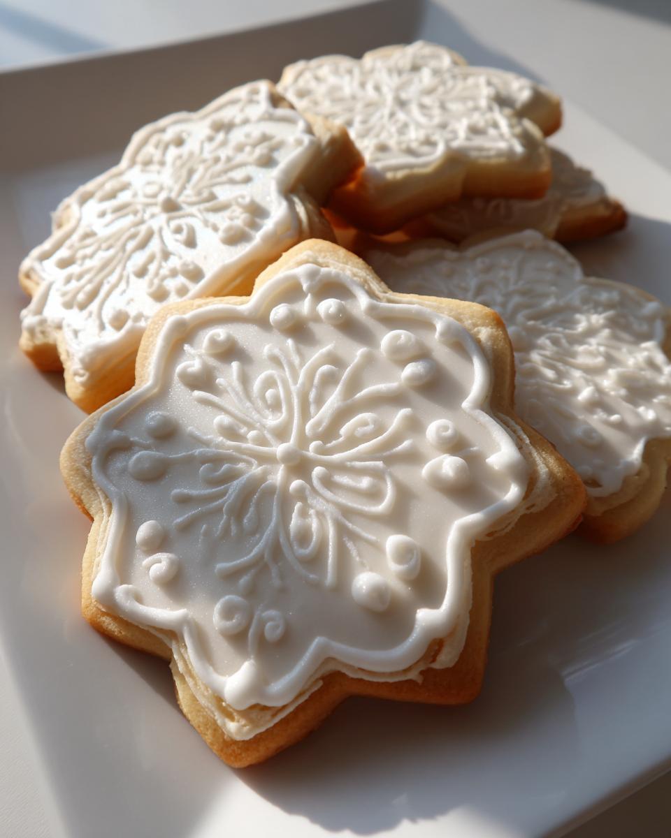 Close-up of star-shaped sugar cookies decorated with intricate white royal cookie icing designs.