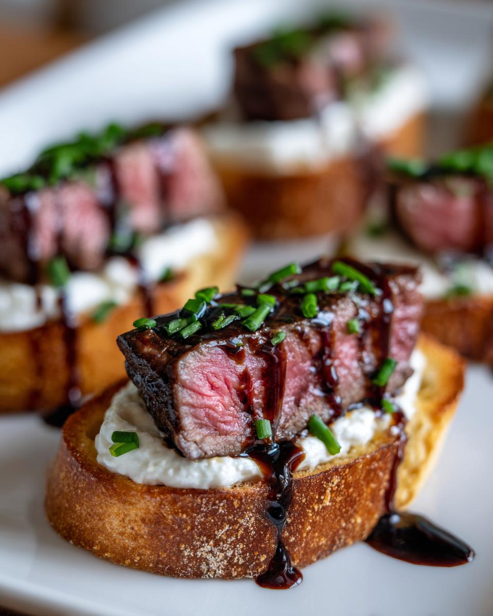 Close-up of a perfectly cooked steak crostini topped with creamy cheese and balsamic glaze.