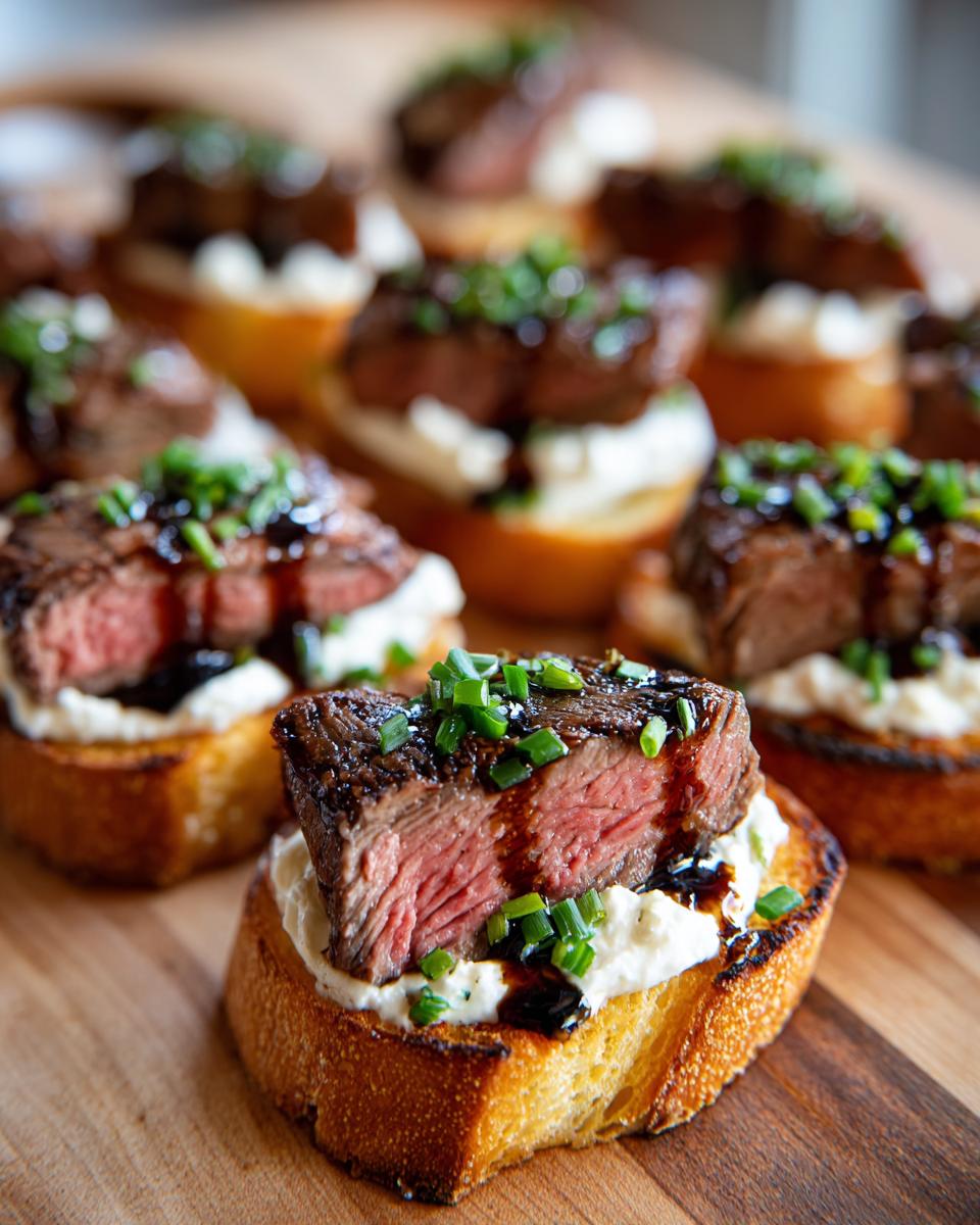 Close-up of a steak crostini featuring medium-rare steak, creamy cheese, and chives on toasted bread.