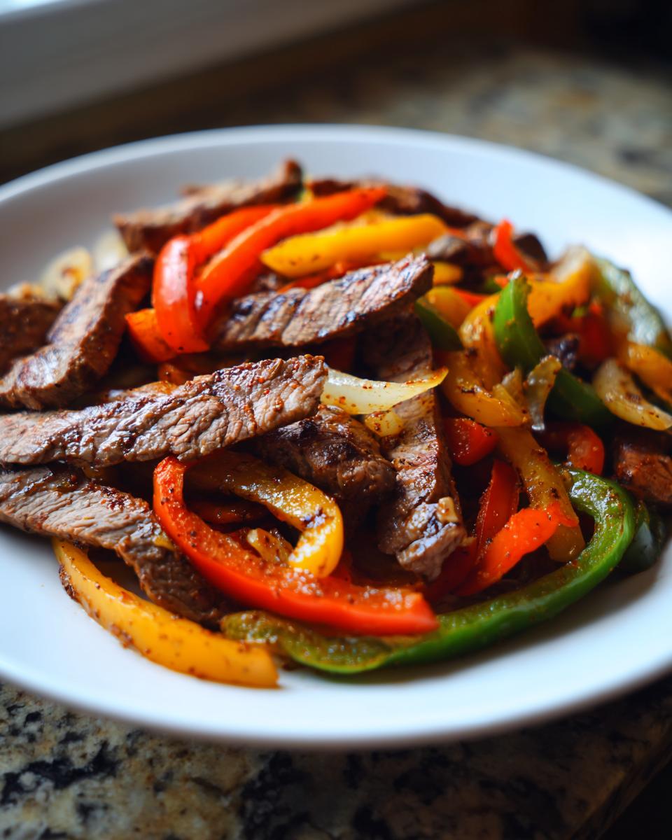 Close-up of perfectly cooked, sliced steak fajitas mixed with vibrant red, yellow, and green bell peppers.