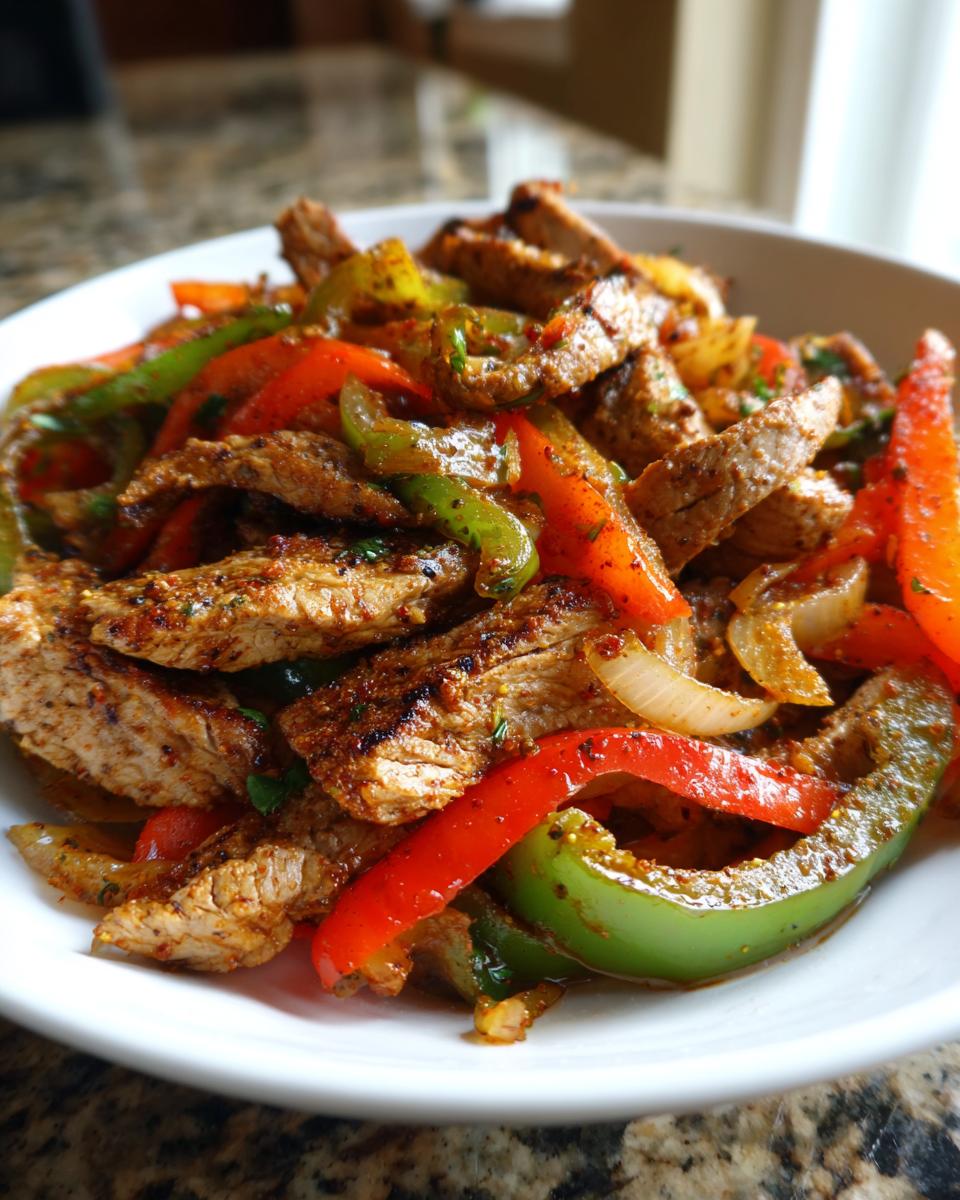 Close-up of perfectly seasoned steak fajitas mixed with sautéed red and green bell peppers and onions in a white bowl.