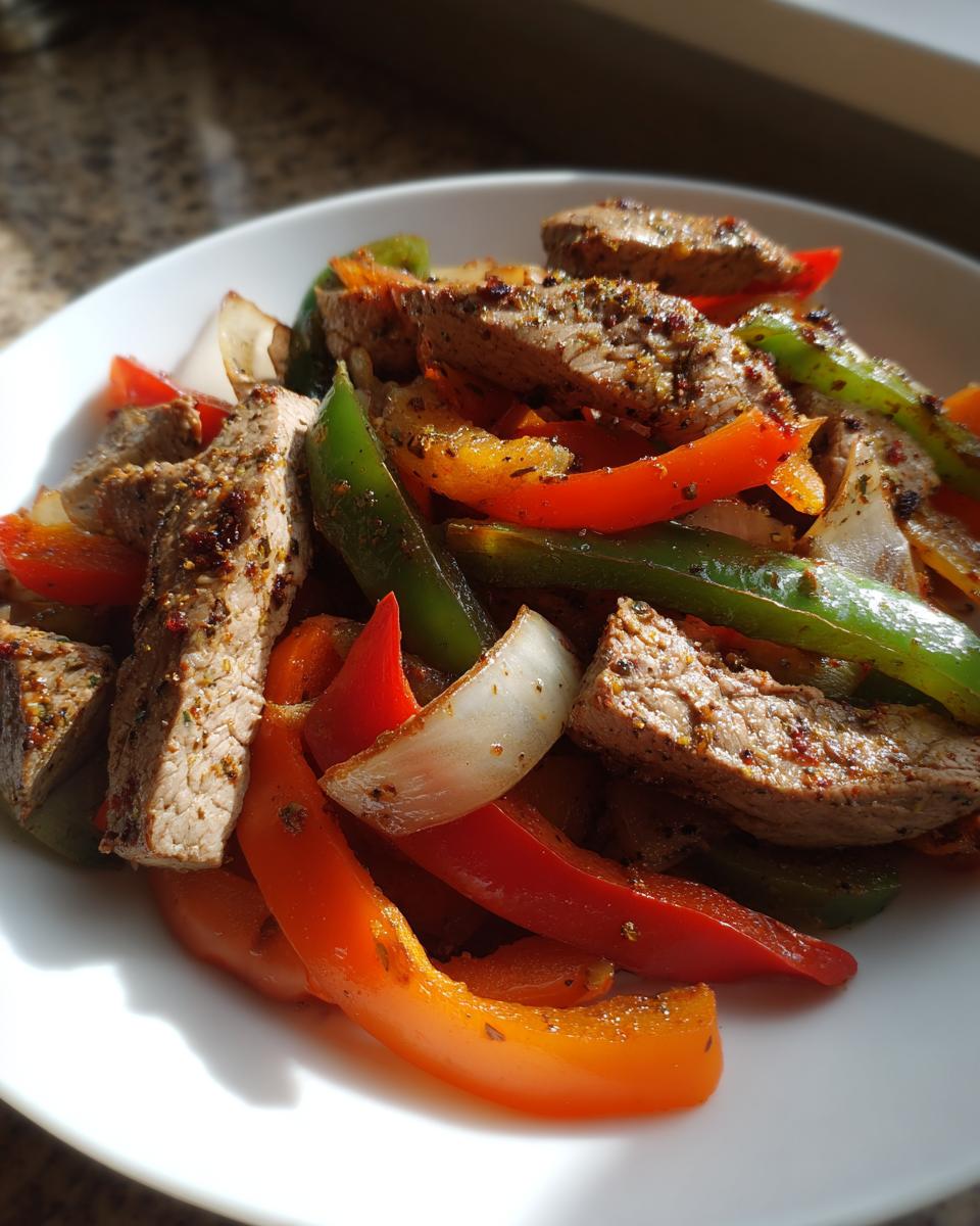 Close-up of seasoned steak fajitas mixed with colorful sliced bell peppers and onions served on a white plate.