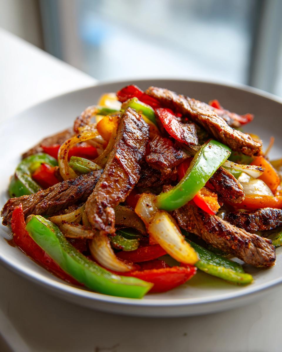 A close-up of perfectly cooked steak fajitas mixed with vibrant red, green, and yellow bell peppers and onions.