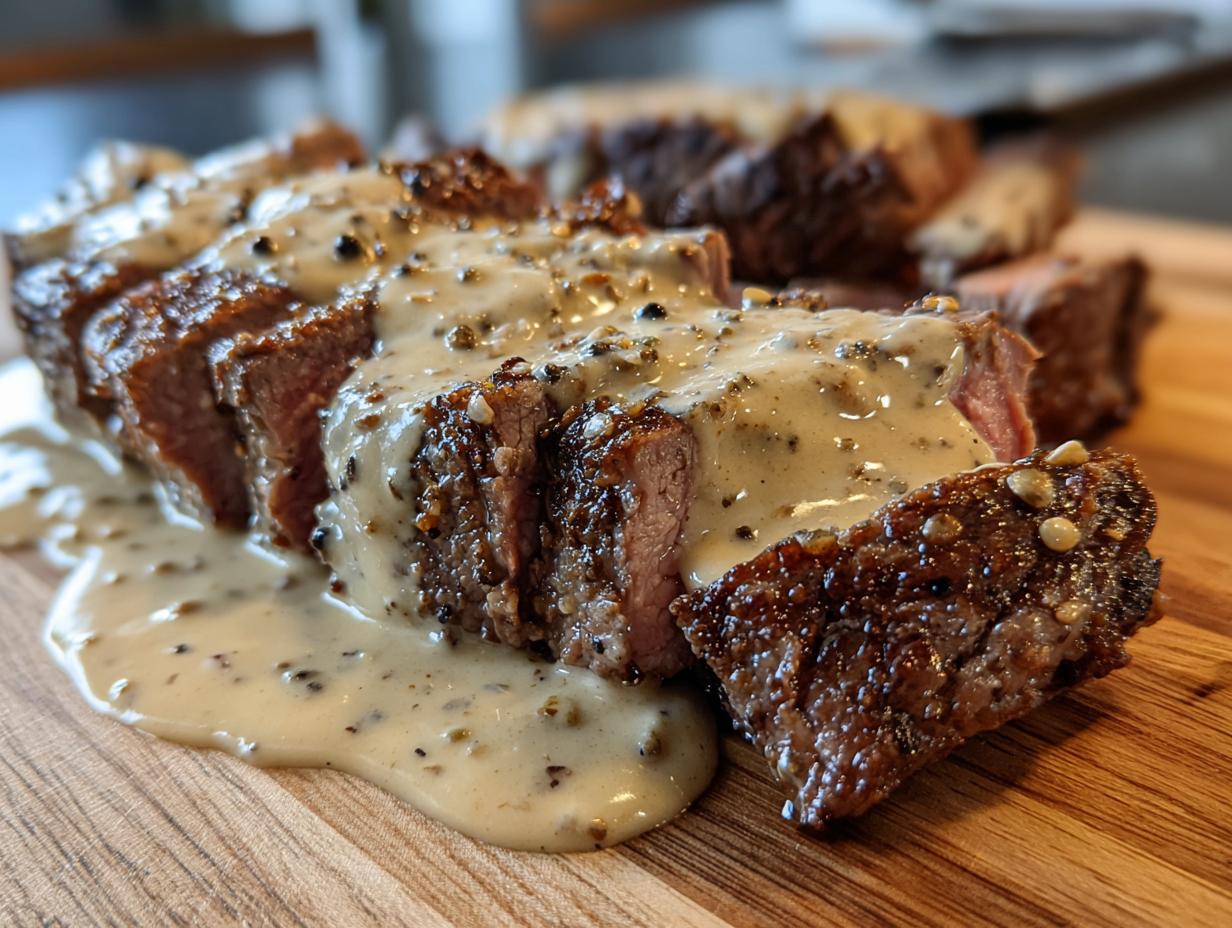 Close-up of sliced medium-rare steak generously covered in creamy peppercorn sauce on a wooden board.