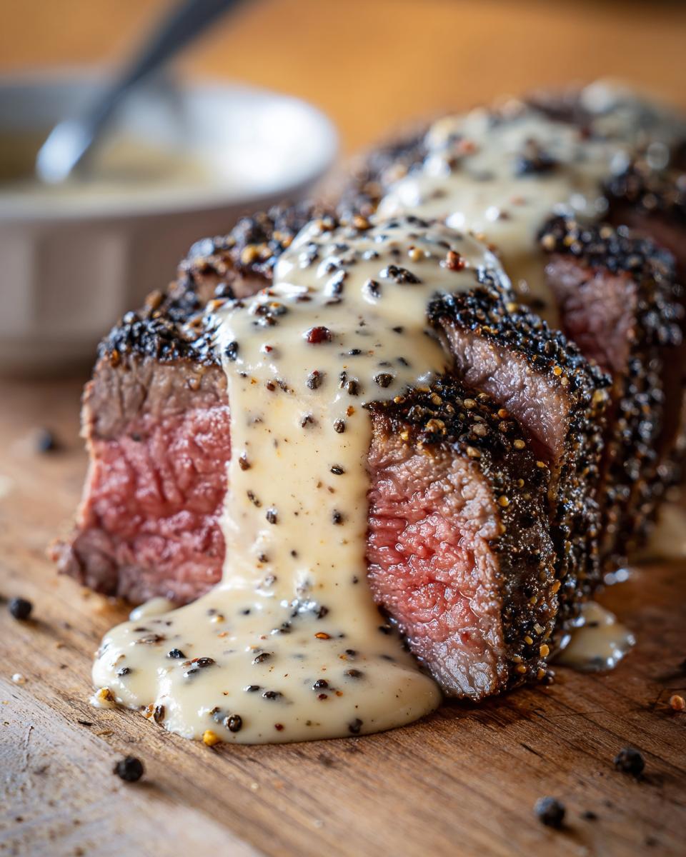 Close-up of medium-rare steak crusted with peppercorns, generously topped with creamy peppercorn sauce.