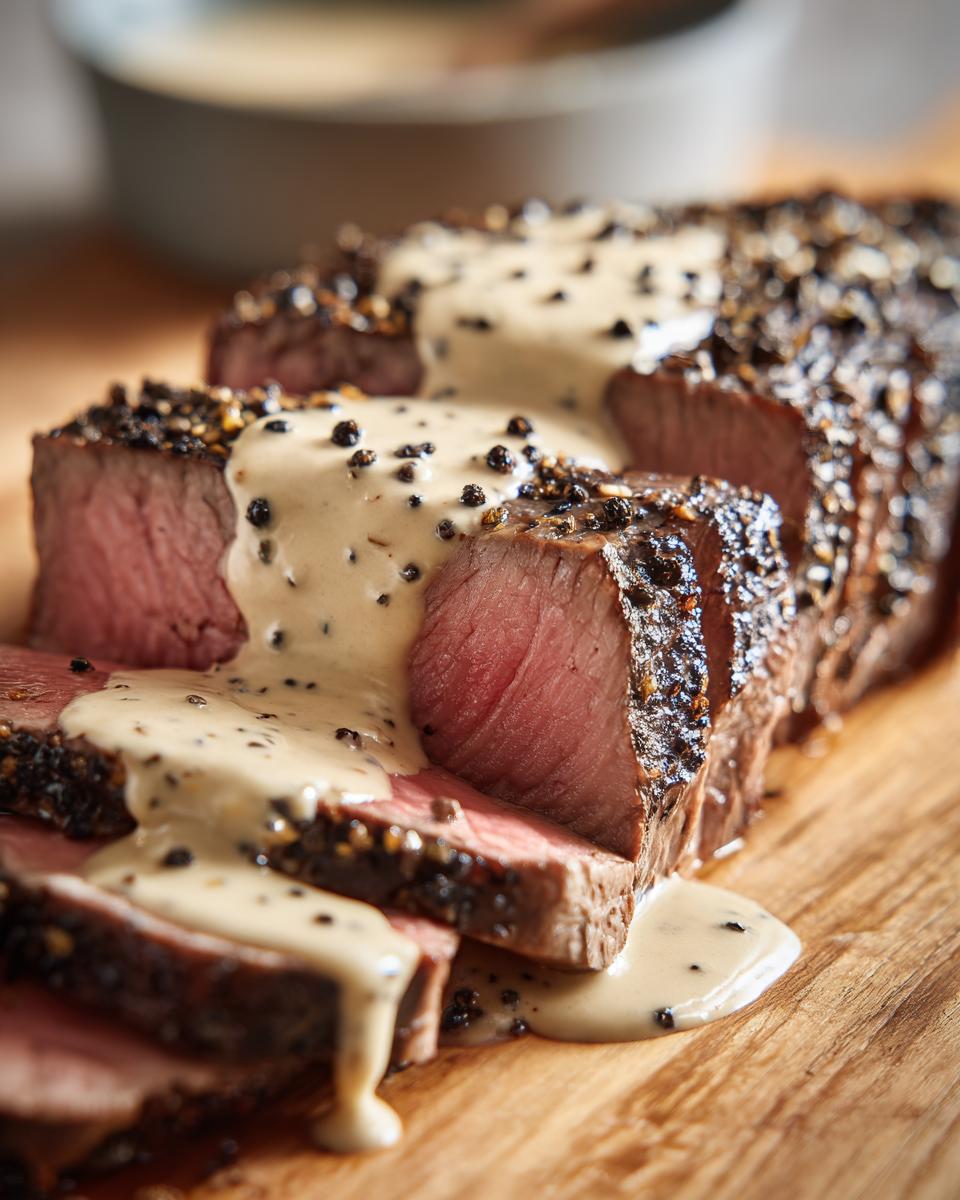 Close-up of medium-rare steak, crusted with peppercorns, generously covered in creamy peppercorn sauce.