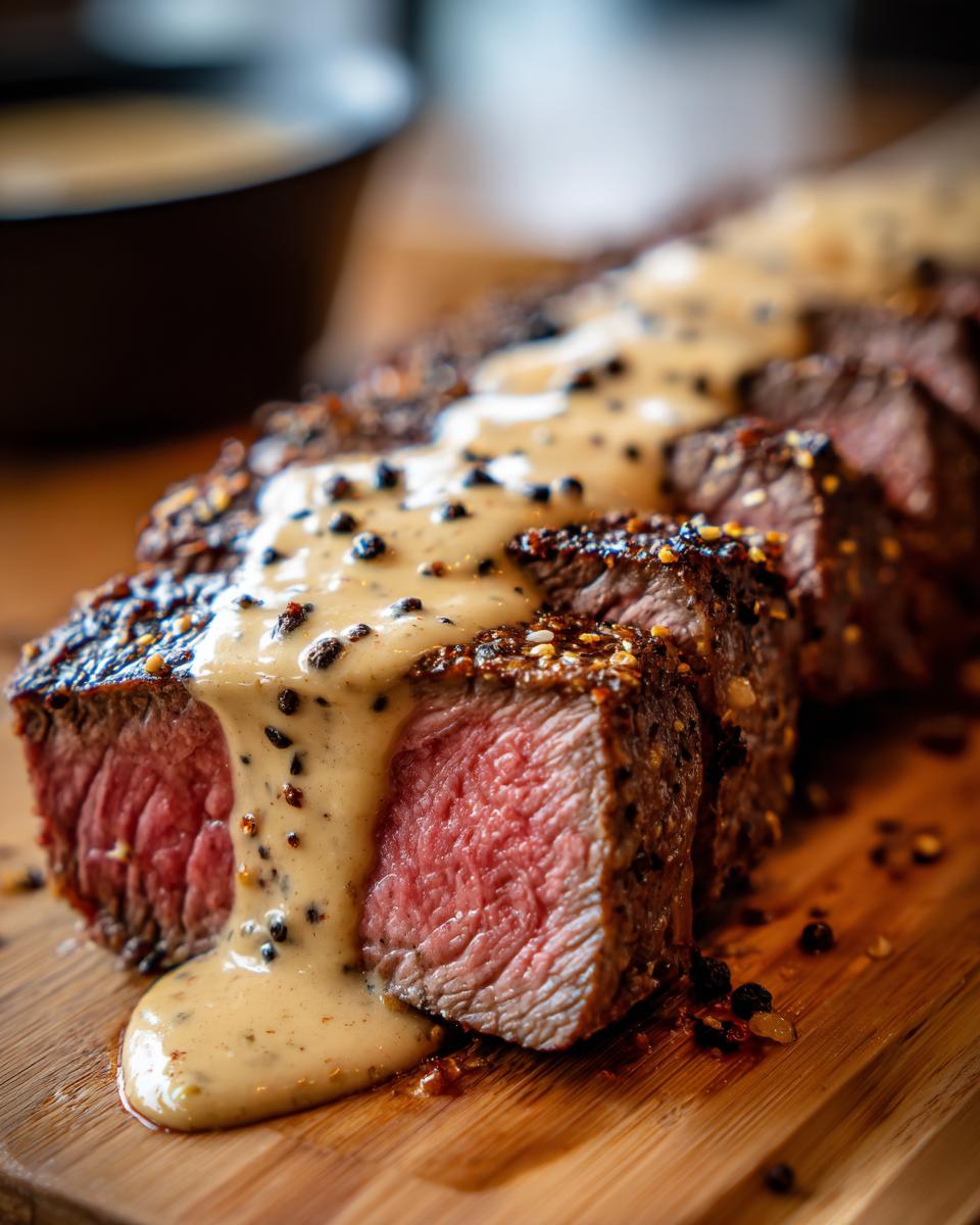 Close-up of medium-rare steak slices covered in creamy peppercorn sauce on a wooden board.