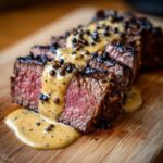 Close-up of medium-rare steak slices generously topped with creamy peppercorn sauce and whole peppercorns.