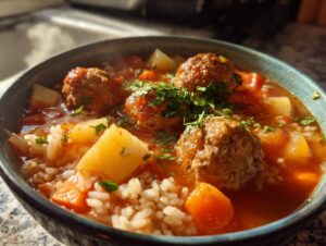 Close-up of a steaming bowl of albondigas soup featuring large meatballs, potatoes, carrots, rice, and fresh parsley garnish.