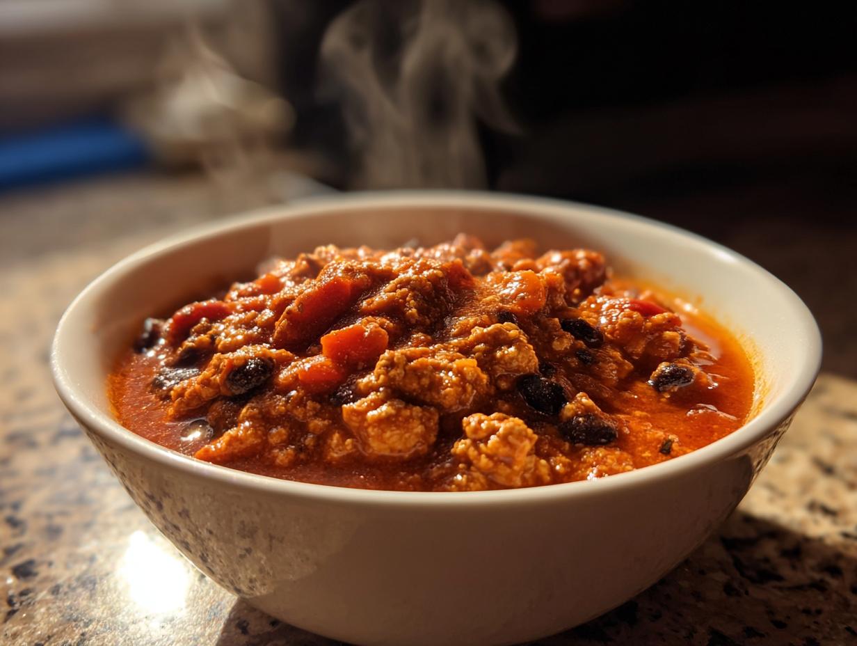 A steaming white bowl filled with rich, thick pumpkin chili featuring ground meat and beans, set on a granite countertop.