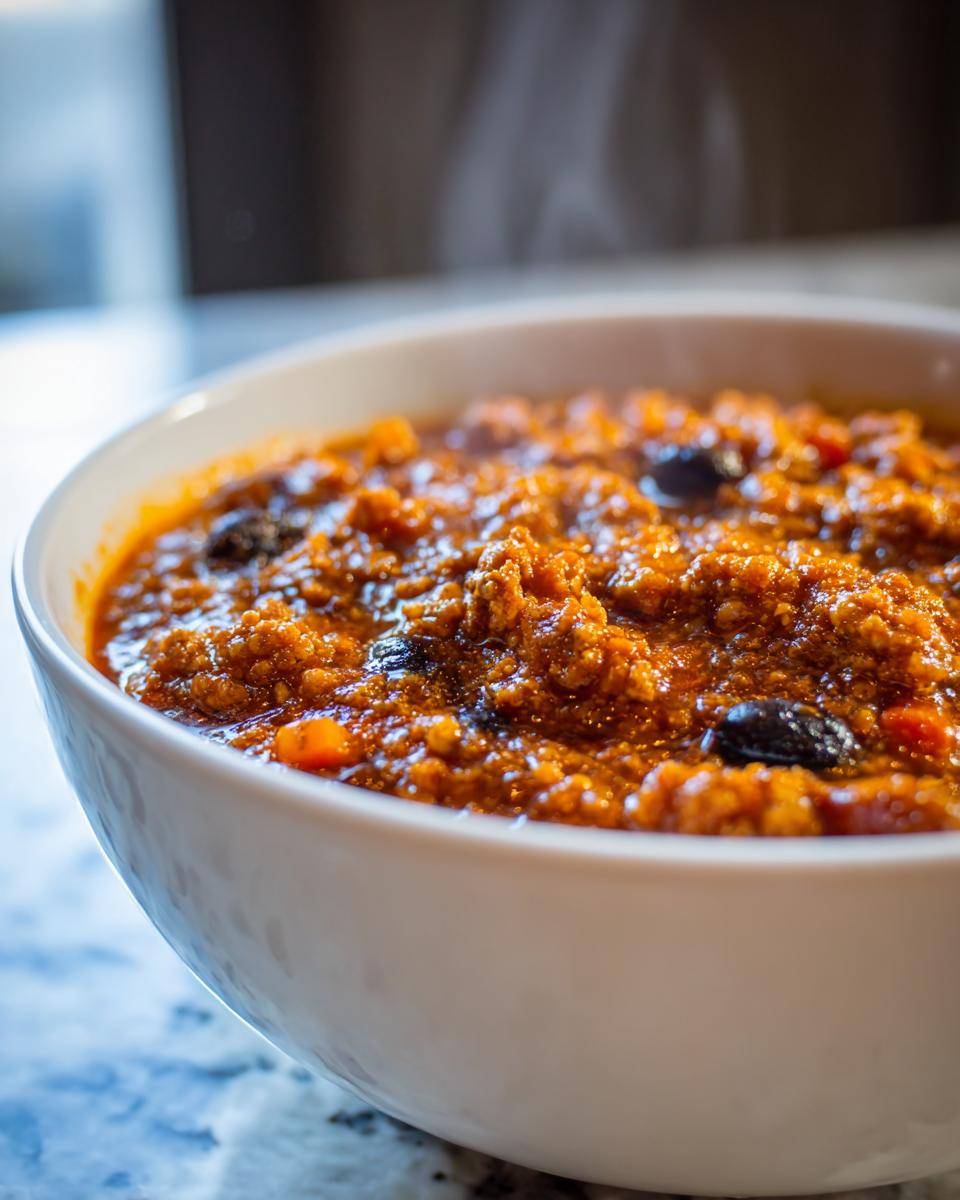 Close-up of a steaming white bowl filled with rich, thick pumpkin chili, showing texture and dark beans.