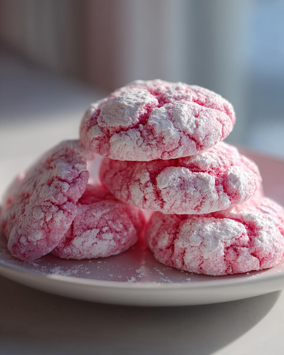 A stack of five bright pink strawberry cake mix cookies heavily coated in white powdered sugar, resting on a white plate.